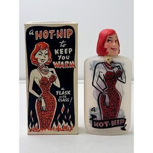 Vintage 1950s A Hot Nip Novelty Pocket Flask Lady Plastic Milbit + Box Pinup